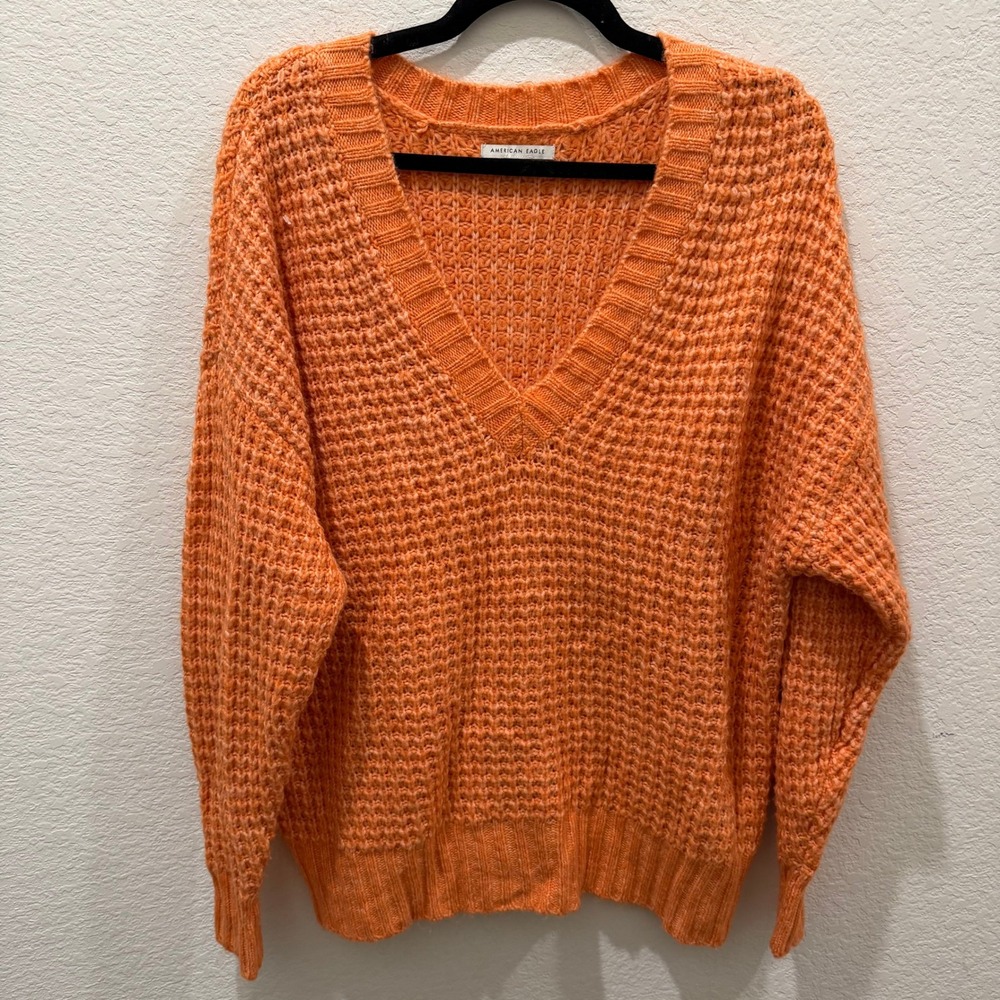 American Eagle Womens Orange Waffle Knit V-Neck Pullover Sweater XS